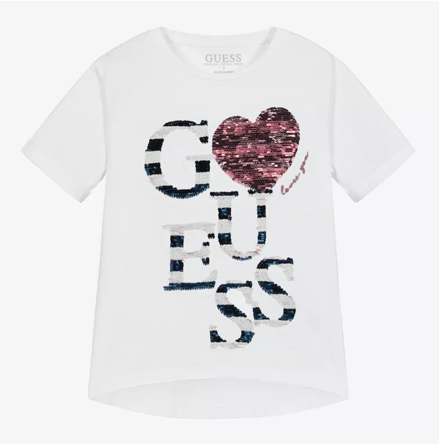 Guess Girls White Cotton Sequin T-Shirt