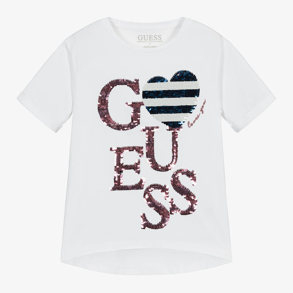 Guess Girls White Cotton Sequin T-Shirt