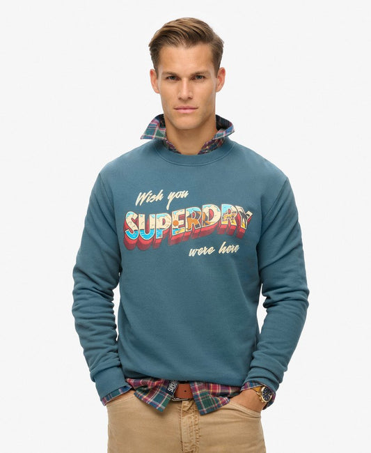 Superdry Travel Postcard Graphic Crew Sweatshirt Stargazer Blue