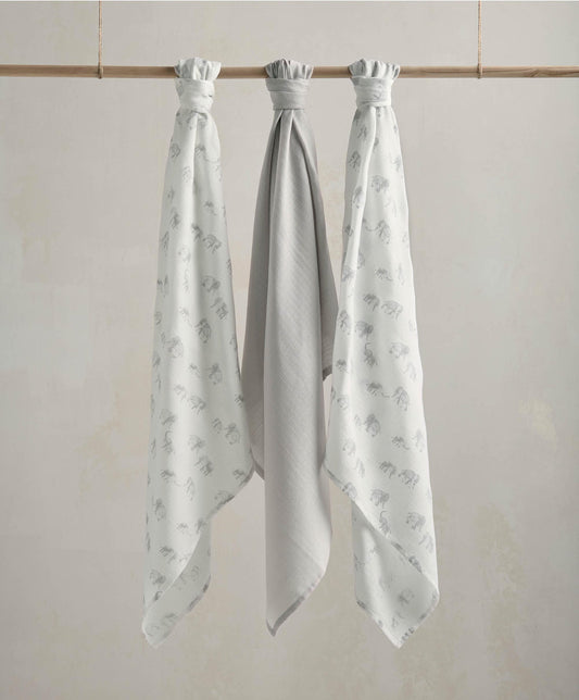 Mamas & Papas Large Welcome to the World Elephants Muslin Cloths - 3 pack